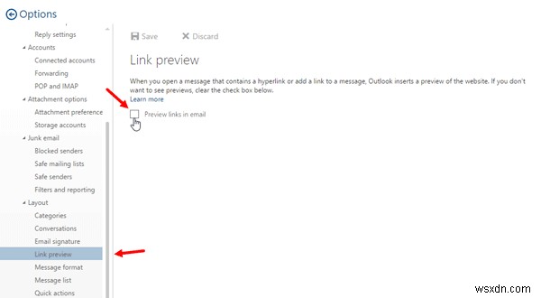 आउटलुक वेब में लिंक पूर्वावलोकन को कैसे निष्क्रिय करें 