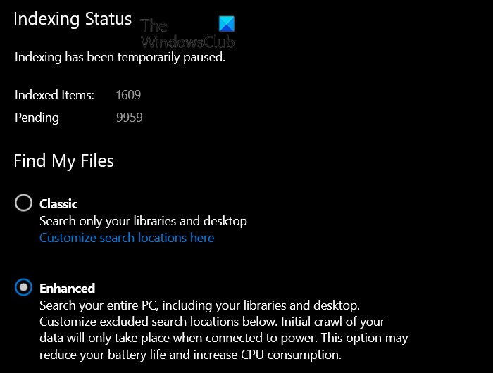 विंडोज 11/10 में सर्च इंडेक्सिंग को अस्थायी रूप से रोक दिया गया है 