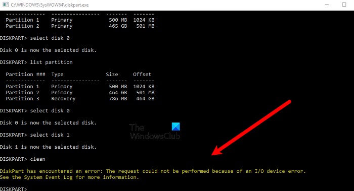 DISKPART त्रुटि, IO डिवाइस त्रुटि के कारण अनुरोध निष्पादित नहीं किया जा सका 