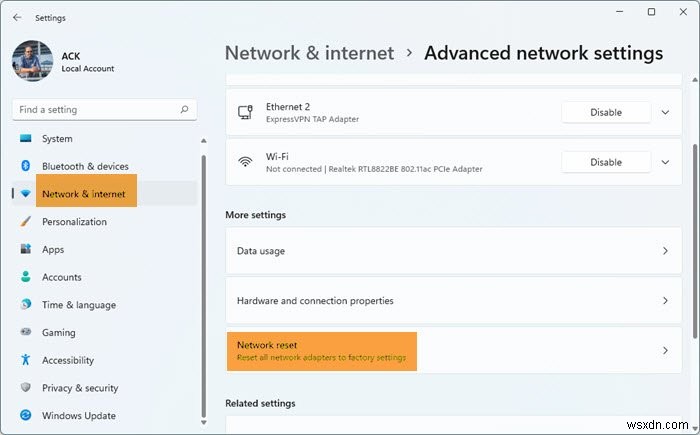 नेटवर्क रीसेट नेटवर्क एडेप्टर को पुनर्स्थापित करेगा, नेटवर्किंग घटकों को विंडोज 11/10 में डिफ़ॉल्ट रूप से रीसेट करेगा 