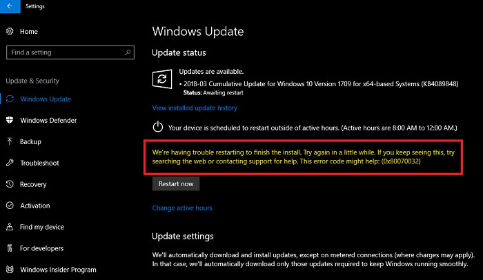 Windows अद्यतन त्रुटि 0x80070032, हमें स्थापना समाप्त करने के लिए पुनरारंभ करने में समस्या हो रही है 