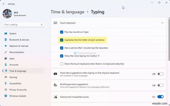 विंडोज 11 में प्रत्येक वाक्य के पहले अक्षर को कैपिटलाइज़ करने से टच कीबोर्ड को अनुमति दें या रोकें 