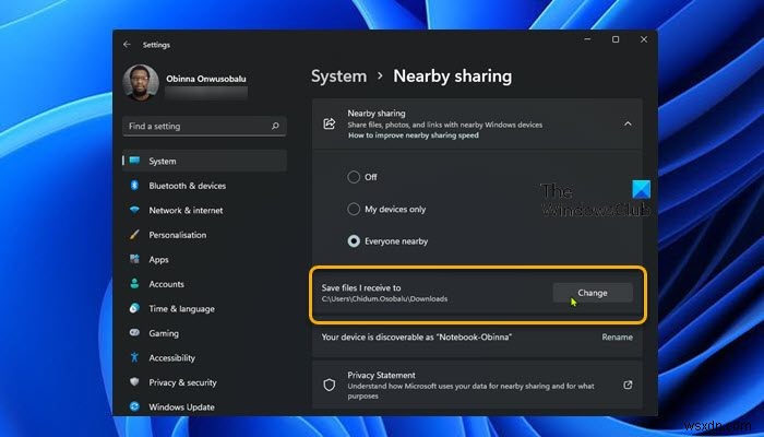 विंडोज 11/10 में डिफॉल्ट सेव लोकेशन को नियर शेयरिंग के लिए कैसे बदलें 