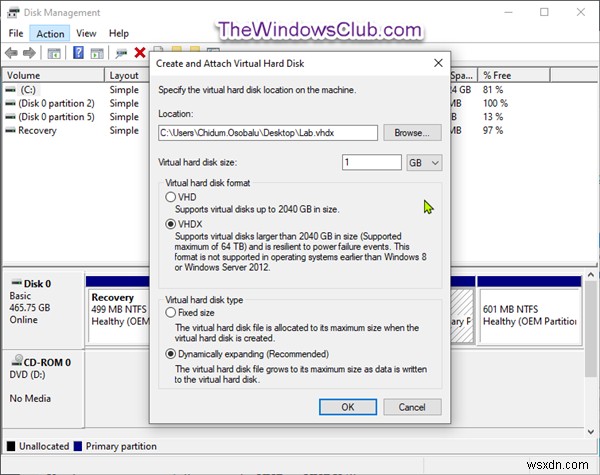 विंडोज 11/10 में नई वीएचडी या वीएचडीएक्स फाइल कैसे बनाएं और सेट करें 
