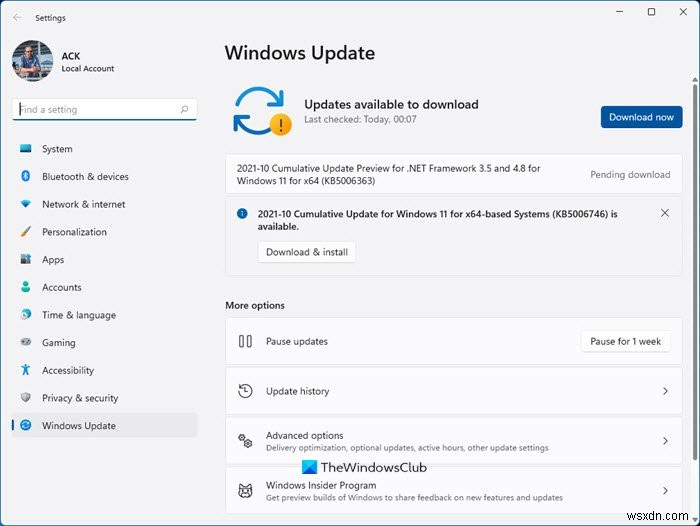 Windows 11 में Windows Update सेटिंग्स