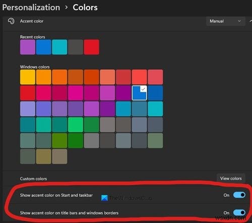 विंडोज 11 में स्टार्ट मेन्यू और टास्कबार के लिए एक्सेंट कलर को चालू या बंद कैसे करें 