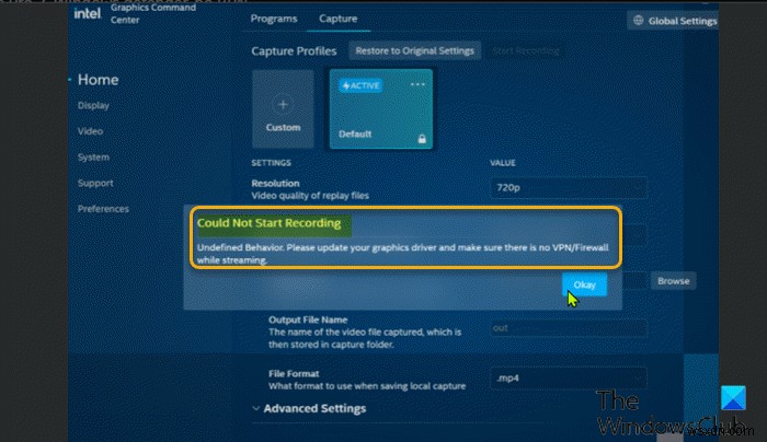 Intel ग्राफ़िक्स कमांड सेंटर में रिकॉर्डिंग त्रुटि प्रारंभ नहीं कर सका 