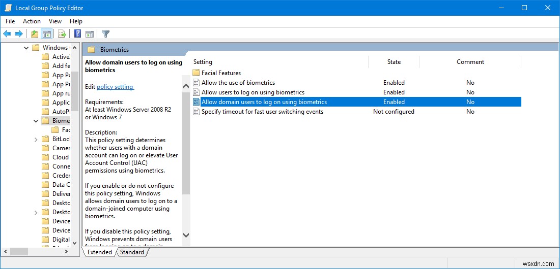 बायोमेट्रिक्स को अक्षम या सक्षम करें विंडोज़ पर साइन इन करें एक डोमेन में शामिल हो गया 