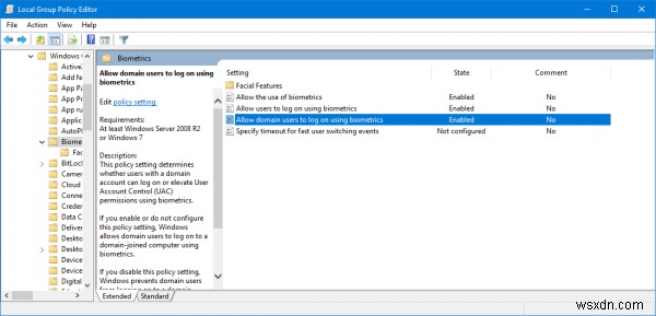 बायोमेट्रिक्स को अक्षम या सक्षम करें विंडोज़ पर साइन इन करें एक डोमेन में शामिल हो गया 