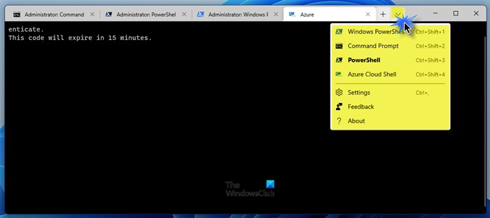 Windows टर्मिनल में Windows PowerShell, PowerShell, Azure Cloud Shell, Command Prompt क्या है? 
