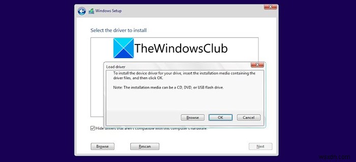 Windows स्थापना के दौरान त्रुटि स्थापित करने के लिए ड्राइवर का चयन करें ठीक करें 