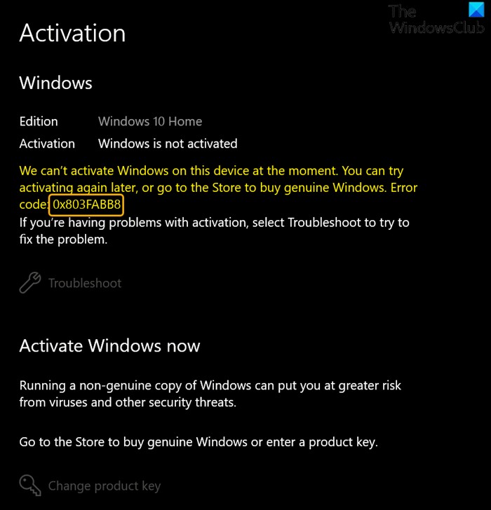 Windows 11/10 पर सक्रियण त्रुटि कोड 0x803FABB8 ठीक करें 