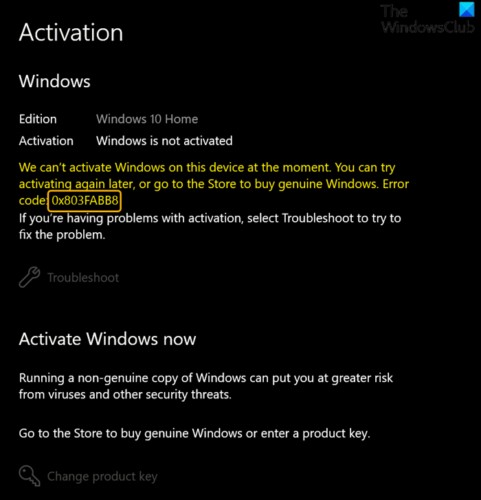 Windows 11/10 पर सक्रियण त्रुटि कोड 0x803FABB8 ठीक करें 