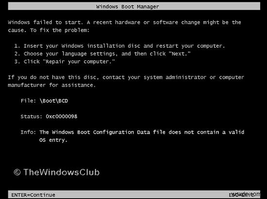 Windows बूट कॉन्फ़िगरेशन डेटा में मान्य OS प्रविष्टि नहीं है, त्रुटि 0xc0000098 