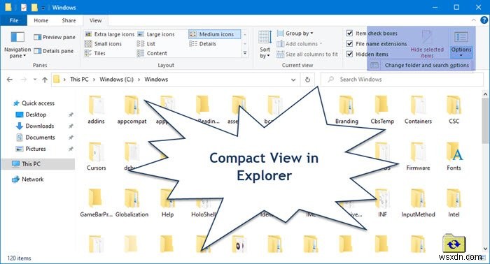 विंडोज 11/10 में फाइल एक्सप्लोरर में कॉम्पैक्ट व्यू को कैसे निष्क्रिय करें 