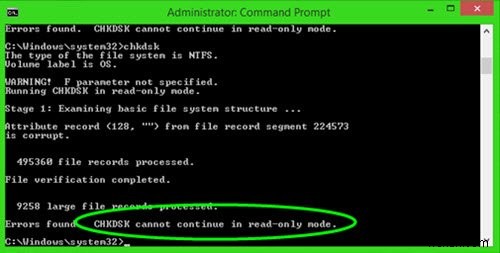 CHKDSK केवल-पढ़ने के लिए मोड में जारी नहीं रह सकता 