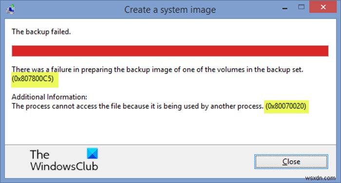 सिस्टम छवि बैकअप त्रुटि कोड 0x807800C5, 0x80070020 . के साथ विफल रहता है 