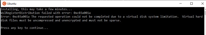 Ubuntu लॉन्च करते समय त्रुटि 0xc03a001a के साथ WslRegisterDistribution को ठीक करें 