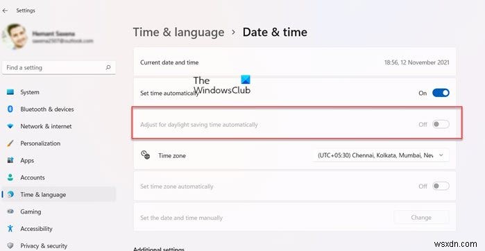 डेलाइट सेविंग टाइम के लिए एडजस्ट करें विंडोज 11/10 में स्वचालित रूप से धूसर हो जाता है 