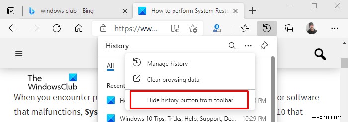 Microsoft Edge में टूलबार पर इतिहास दिखाएँ या छिपाएँ बटन 
