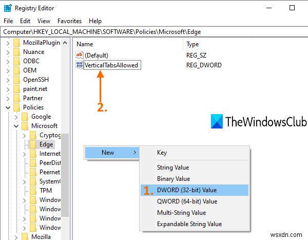 विंडोज 10 में रजिस्ट्री का उपयोग करके माइक्रोसॉफ्ट एज में वर्टिकल टैब अक्षम करें 
