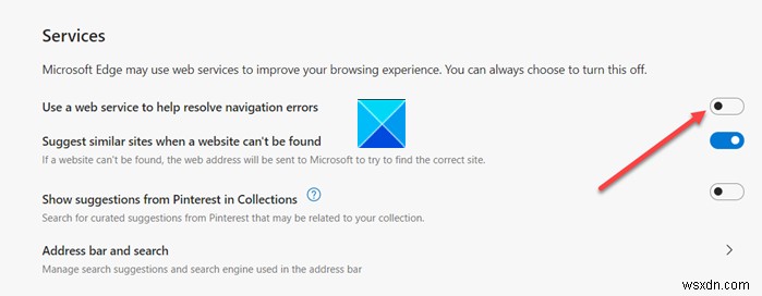 Microsoft Edge में  नेविगेशन त्रुटियों को हल करने में मदद के लिए वेब सेवा का उपयोग करें  को सक्षम या अक्षम करें 