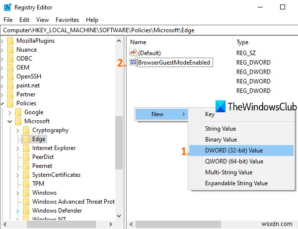 Windows 10 रजिस्ट्री का उपयोग करके Microsoft Edge में अतिथि मोड को सक्षम या अक्षम करें 