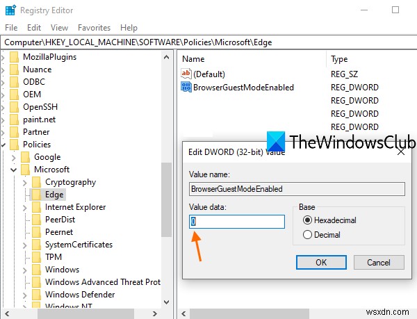 Windows 10 रजिस्ट्री का उपयोग करके Microsoft Edge में अतिथि मोड को सक्षम या अक्षम करें 