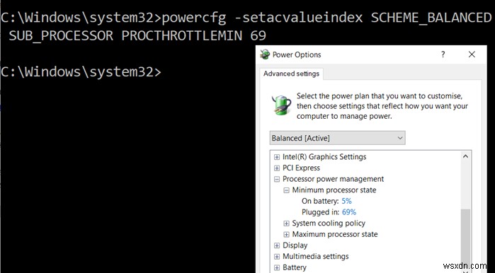 विंडोज 10 में PowerCFG कमांड लाइन का उपयोग करके बैटरी पर प्रोसेसर पावर स्टेट कैसे बदलें 