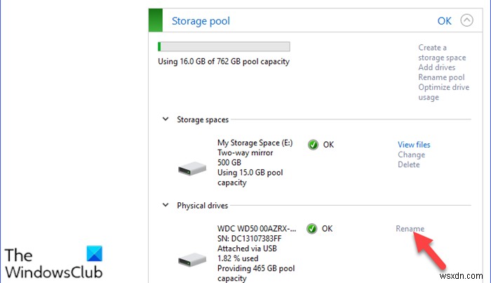 विंडोज 10 में स्टोरेज स्पेस के लिए स्टोरेज पूल में फिजिकल ड्राइव का नाम कैसे बदलें 