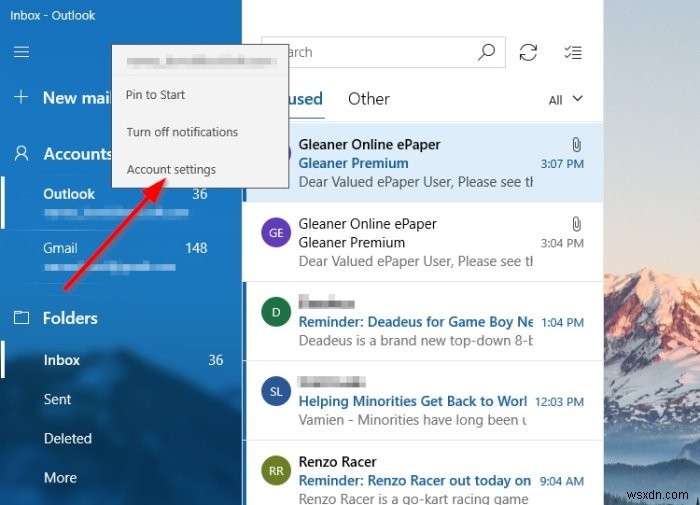 विंडोज 10 मेल ऐप में ईमेल खातों का क्रम कैसे बदलें 