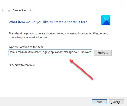 Microsoft Edge ब्राउज़र को निजी मोड में खोलने के लिए एक शॉर्टकट बनाएँ 