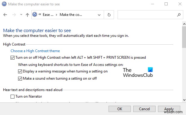 Windows 11/10 में उच्च कंट्रास्ट चेतावनी संदेश और ध्वनि सक्षम या अक्षम करें 