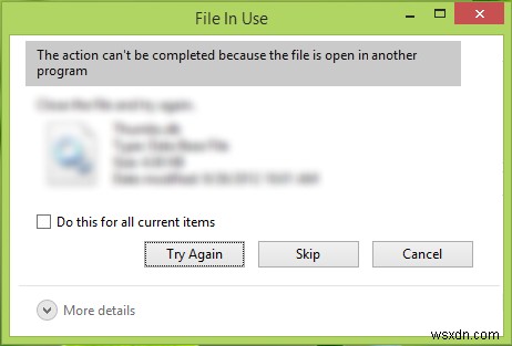 फ़ाइल उपयोग में है, कार्रवाई पूरी नहीं की जा सकती क्योंकि फ़ाइल किसी अन्य प्रोग्राम में खुली है 