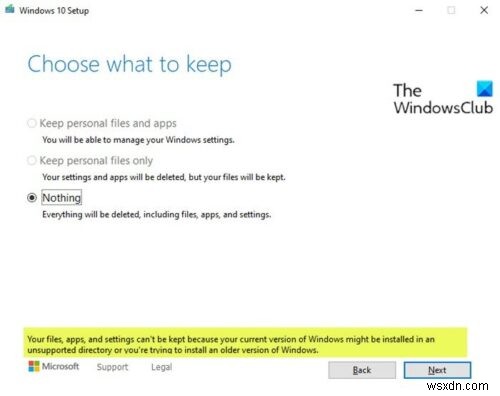 आपकी फ़ाइलें, ऐप्स और सेटिंग नहीं रखी जा सकतीं - Windows इन-प्लेस अपग्रेड त्रुटि 