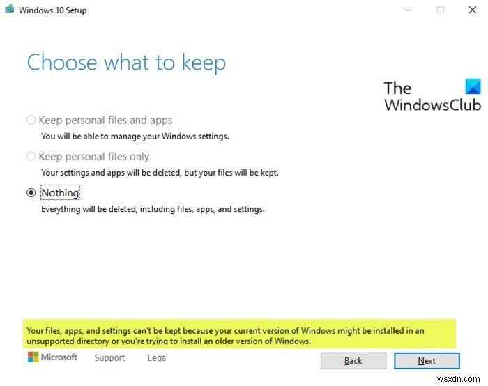 आपकी फ़ाइलें, ऐप्स और सेटिंग नहीं रखी जा सकतीं - Windows इन-प्लेस अपग्रेड त्रुटि 