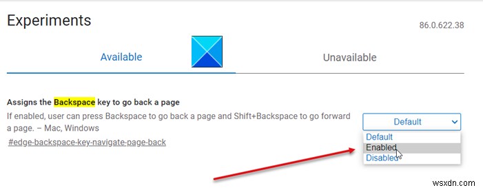 Microsoft Edge में पिछले पृष्ठ पर वापस जाने के लिए बैकस्पेस कुंजी सक्षम करें 