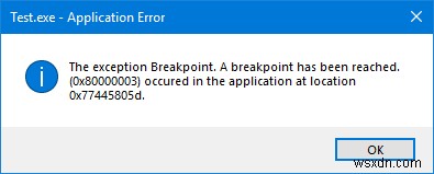 अपवाद ब्रेकप्वाइंट पर पहुंच गया है, त्रुटि 0x800000003 