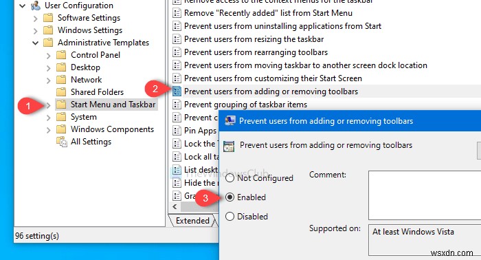 उपयोगकर्ताओं को Windows टास्कबार पर टूलबार जोड़ने, हटाने और समायोजित करने से रोकें 