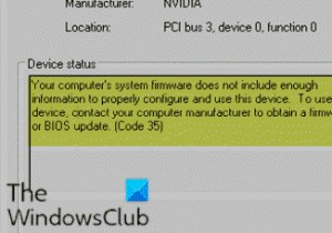आपके कंप्यूटर के सिस्टम फर्मवेयर में इस डिवाइस को ठीक से कॉन्फ़िगर करने और उपयोग करने के लिए पर्याप्त जानकारी शामिल नहीं है (कोड 35) 