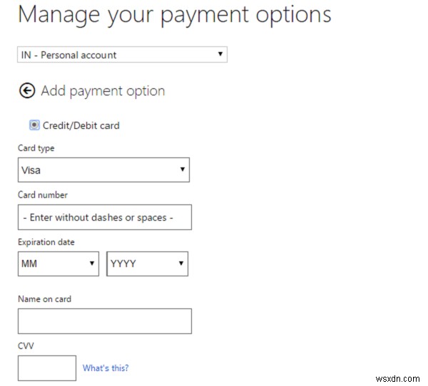 जोड़ें, भुगतान विधि संपादित करें, विंडोज 10 में माइक्रोसॉफ्ट स्टोर में क्रेडिट कार्ड निकालें 