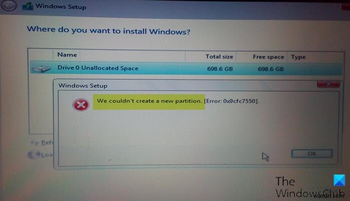 हम Windows सेटअप के दौरान एक नया विभाजन त्रुटि नहीं बना सके 