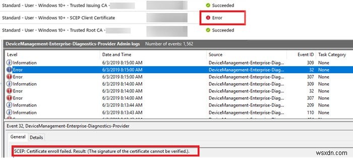 CA प्रमाणपत्र का नवीनीकरण करने के बाद Windows 10 डिवाइस पर SCEP परिनियोजन विफल हो जाता है 