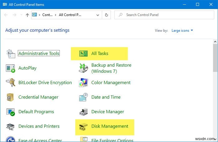 विंडोज 11/10 में कंट्रोल पैनल में सभी टास्क और डिस्क मैनेजमेंट कैसे जोड़ें 