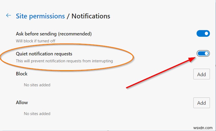 Microsoft एज ब्राउज़र में शांत अधिसूचना अनुरोधों को कैसे सक्षम करें 
