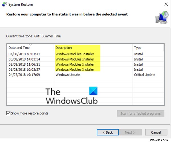Windows मॉड्यूल इंस्टालर सूचीबद्ध सिस्टम पुनर्स्थापना बिंदु Windows 11/10 में विफल रहता है 