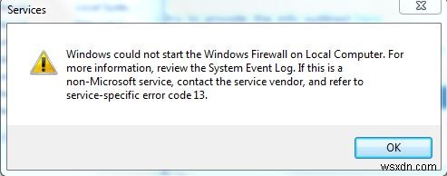 Windows स्थानीय कंप्यूटर पर Windows फ़ायरवॉल प्रारंभ नहीं कर सका 