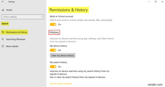 विंडोज़ 10 में सेटिंग्स खोजें - अनुमतियां, इतिहास, विंडोज़ की खोज 