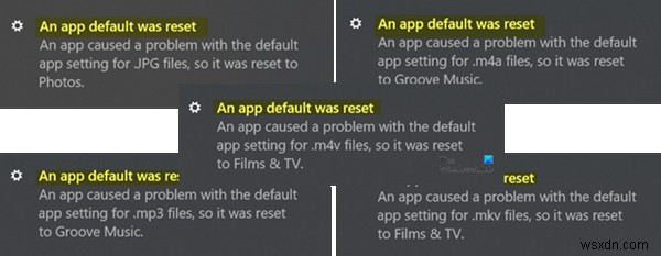 एक ऐप डिफ़ॉल्ट विंडोज 11/10 पर अधिसूचना त्रुटि रीसेट कर दी गई थी 