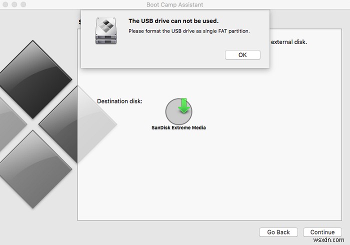 कृपया USB ड्राइव को एकल FAT विभाजन के रूप में प्रारूपित करें:बूट कैंप सहायक 